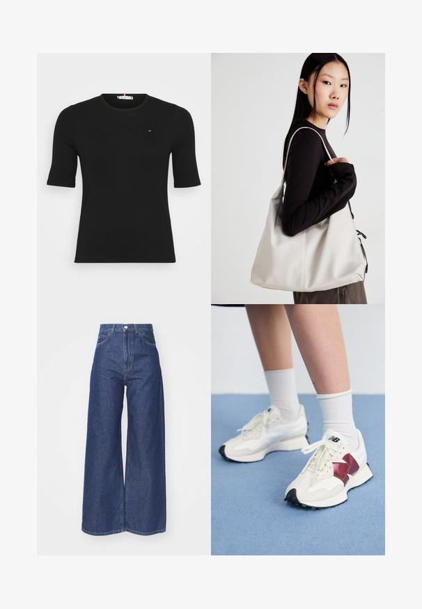 Čierny rebrovaný top s krátkym rukávom, ktorý má okrúhly výstrih a malé logo na hrudi, na jednoduchom bielom pozadí.; Džínsy so širokými nohavicami vyrobené z tmavomodrého denimu. Vysoký pás so zapínaním na zips a gombík. Obsahuje klasický štýl s piatimi vreckami a obšité okraje.; Pár bielych tenisiek s bordovými akcentmi, štruktúrovanými panelmi, plochou čiernou podrážkou a svetlými šnúrkami, nosených s bielymi členkovými ponožkami.; Béžová kabelka vyrobená z mäkkého materiálu, s uvoľneným dizajnom, prišitými detailmi a dvoma popruhmi na nosenie na pleciach. Vhodná na každodenné nosenie.
