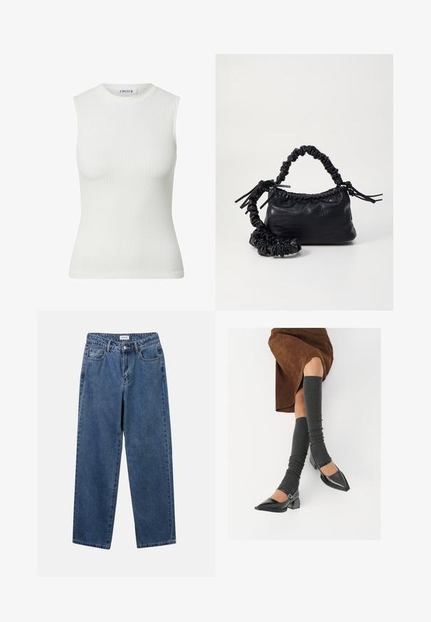 Haut sans manches blanc à col montant et silhouette ajustée. Texture lisse et design minimaliste pour une utilisation polyvalente.; Jean en denim bleu classique avec une coupe droite, cinq poches et une fermeture par bouton. Présente un lavage moyen et une texture robuste.; Chaussures à bout pointu en cuir verni noir avec un talon bloc et une bride à la cheville, accompagnées de jambières en maille grise et d'une jupe en daim marron.; Sac à main en simili cuir noir avec une texture crocodile, un dessus resserré et une sangle froncée. A l'apparence douce et compacte.