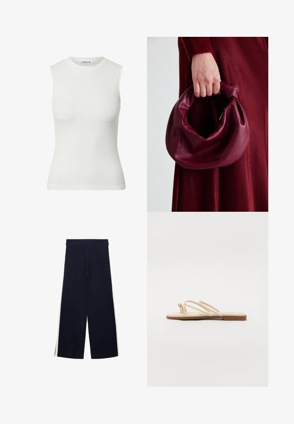 Witte mouwloze ribtop met een hoge halslijn en een aansluitende pasvorm. Gladde textuur en minimalistisch ontwerp voor veelzijdig gebruik.; Navyblauwe wijdlopende broek met hoge tailleband en witte zijkanten, plat gelegd op een witte achtergrond.; Beige platte sandalen met drie dunne bandjes en een kleine afgeronde gouden accent. Gladde materialen met een minimalistisch ontwerp en een tan zool.; Bordeaux leren handtas met een zacht, gegathered ontwerp en een ronde vorm. De handgreep is stevig bevestigd en toont een gladde textuur.