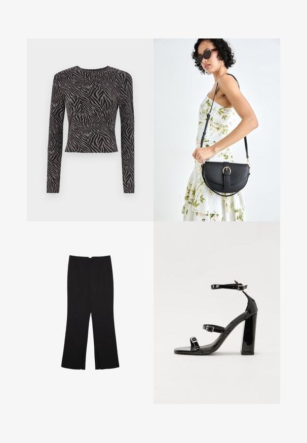 Černý dlouhý rukáv top s texturovaným zebrovým vzorem a metalickými akcenty. Přiléhavý střih, kulatý výstřih a zkrácený střih.; Černé kalhoty s rovným střihem, s předními kapsami a bočními rozparky na lemu. Vyrobené z jemné, hladké tkaniny. Vhodné na různé příležitosti.; Černé lakované sandály na podpatku se čtveratou špičkou, lýtkovými pásky a stříbrnými přezkami. Disponují masivním blokovým podpatkem pro stabilitu.; Černá kožená kabelka s křivkovým tvarem, odnímatelným popruhem a zlatými detaily. Kabelka má klopu s přezkou.