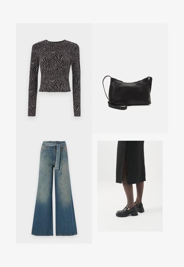 Czarny top z długim rękawem, ozdobiony teksturowym wzorem zebry z metalicznymi akcentami. Dopasowany krój, okrągły dekolt i krótki fason.; Szerokie spodnie dżinsowe z gradientem od jasnoniebieskiego do ciemnoniebieskiego, wysokim stanem, szlufkami na pasek oraz pasującym paskiem z tkaniny. Teksturowany wykończenie dżinsu.; Czarne skórzane buty z okrągłym noskiem, grubym blokowym obcasem i elastycznymi akcentami po bokach, zestawione z ciemnymi rajstopami i czarną spódnicą z rozcięciem.; Czarna skórzana torba na ramię o gładkiej fakturze, zakrzywionym kształcie, regulowanym pasku i zapięciu na zamek. Minimalistyczny design bez zdobień.