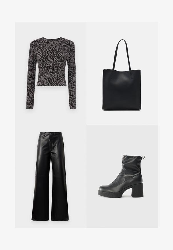 Camisola preta de manga longa com um padrão de zebra texturizado e detalhes metálicos. Design ajustado, decote redondo e corte cropped.; Calças largas de imitação de couro pretas, de cintura alta, com botão frontal, fecho de correr, passadores de cinto e bolsos laterais sobre fundo branco.; Botas de tornozelo pretas feitas de couro liso, com fecho lateral, salto grosso texturizado e design de bico arredondado.; Bolsa tote preta em couro com textura lisa, forma retangular e duas alças longas. Sem hardware ou enfeites visíveis.