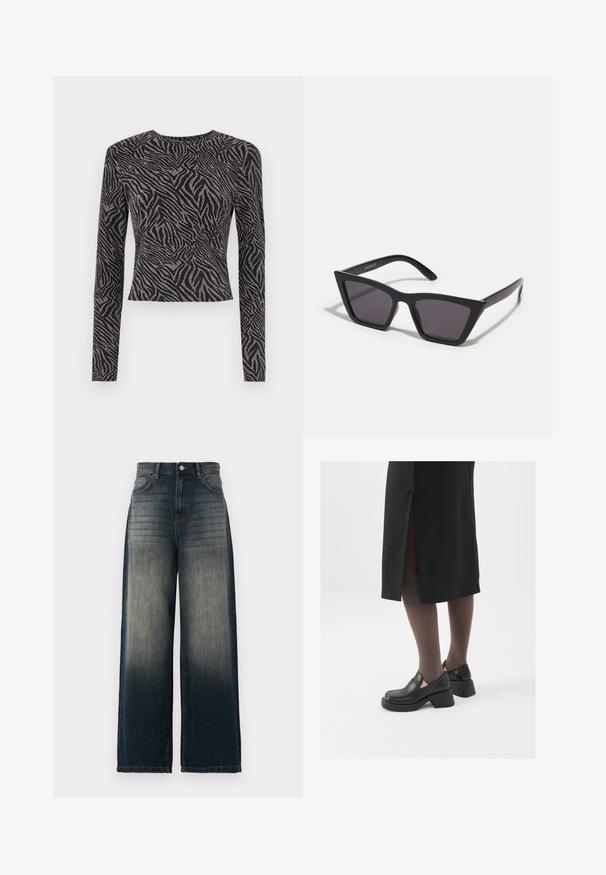 Czarny top z długim rękawem, ozdobiony teksturowym wzorem zebry z metalicznymi akcentami. Dopasowany krój, okrągły dekolt i krótki fason.; Szerokie spodnie dżinsowe w ciemnym denimu, z wyraźnym gradientem od ciemnego do jasnego, pięcioma kieszeniami i kontrastującymi szwami.; Czarne skórzane buty z okrągłym noskiem, grubym blokowym obcasem i elastycznymi akcentami po bokach, zestawione z ciemnymi rajstopami i czarną spódnicą z rozcięciem.; Czarne, kanciaste okulary przeciwsłoneczne z szarymi soczewkami; wykonane z plastiku, z grubymi zausznikami o gładkiej powierzchni i bez widocznych elementów metalowych.; Srebrne kolczyki w formie obręczy o minimalistycznym designie. Okrągły kształt, gładka faktura i cienki profil. Lekkie, z polerowanym wykończeniem.