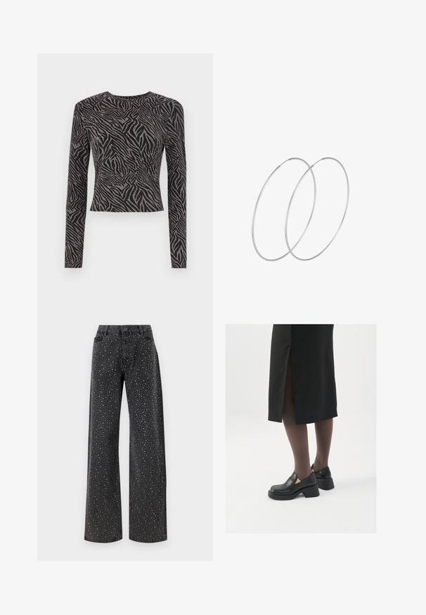 Melna garās piedurknes blūze ar teksturētu zebras rakstu un metalizētiem akcentiem. Pieguļošs dizains, apaļa kakla izgriezums un īsa griezuma.; Noisy May NMJANNEL LOOSE - Brīva piegriezuma džinsi - black denim; Melni ādas apavi ar noapaļotu purngalu, biezām bloku papēžiem un elastīgiem sānu akcentiem, apvienoti ar tumšām zeķubiksēm un melnu svārku ar šķirbu.; Sudraba gredzenveida auskari ar minimālistisku dizainu. Cirkulāra forma, gluda tekstūra un plāns profils. Vieglu svaru ar spīdīgu apdari.