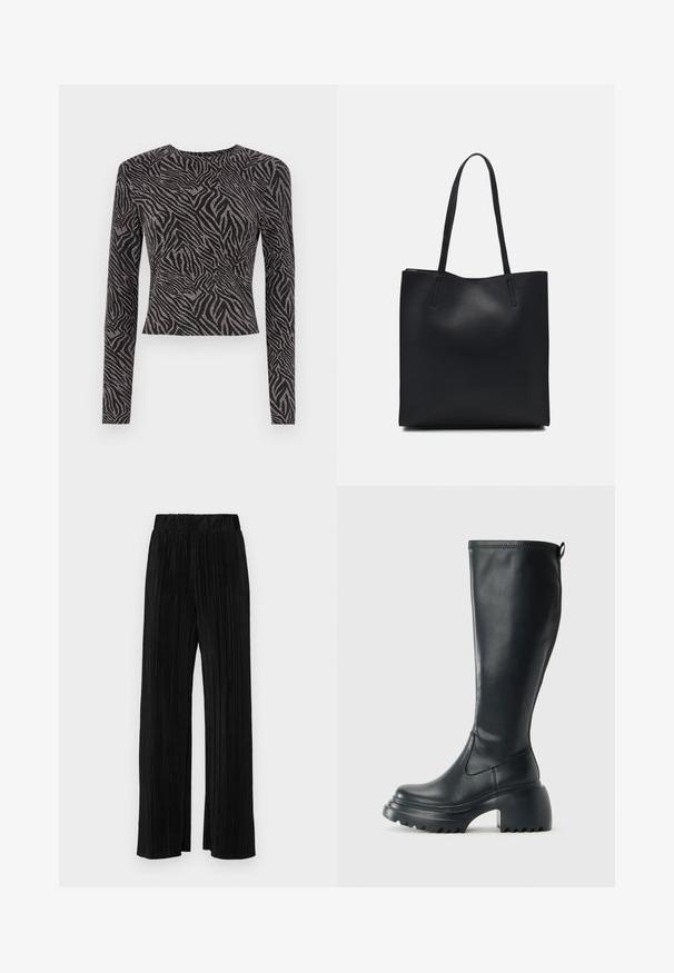 Čierny top s dlhými rukávmi, ktorý má textúrovaný zebrový vzor s metalickými akcentmi. Priliehavý strih, okrúhly výstrih a skrátený strih.; Čierne plisované nohavice s elastickým pásom. Majú široké nohavice a hladkú, textúrovanú látku s vertikálnymi pruhmi.; Vysoká čierna kožená čižma s masívnou platformou a blokovým podpätkom, s praktickým pútkom a textúrovaným vzorom na podošve.; Čierna kožená taška na rameno s hladkým povrchom, obdĺžnikovým tvarom a dvoma dlhými uchami. Bez viditeľného kovania alebo ozdôb.