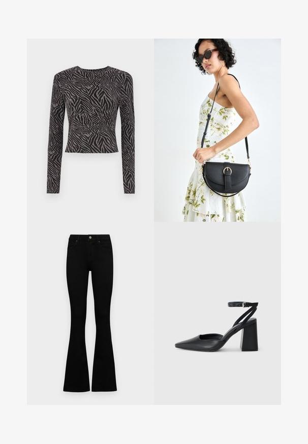 Juodas ilgas rankovėmis viršus su tekstūruotu zebro raštu ir metaliniais akcentais. Priglassią dizainą, apvalų iškirpimą ir trumpą kirpimą.; Juodos aukšto liemens džinsai su mygtuku ir užtrauktuku, priekinėmis kišenėmis ir platėjančiomis kojomis, išdėstyti ant baltos fono.; Juoda odinė smailiagalė aukštakulnio bateliai su kulkšnies dirželiu ir storu kulnu. Lygus paviršius, elegantiškas dizainas ir minimalistiška estetinė. ; Juodas odinis krepšys su išlenkta forma, nuimamu dirželiu ir auksiniais detalėmis. Krepšys turi kilpą su sagtimi.; Sidabrinis dvigubas žiedas su lygiu, poliruotu paviršiumi. Pasižymi sklandžiu, kreiptu dizainu su persipinančiomis dalimis, suteikiančiomis modernų išvaizdą.