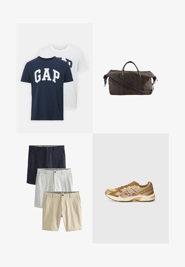 Dos camisetas de GAP; una azul marino con el logo blanco de "GAP", la otra blanca con el logo verde oscuro de "GAP". Hechas de algodón, diseño de cuello redondo.; Camisa de mezclilla, color azul claro, de manga larga, con botones en el frente, cuello, un solo bolsillo en el pecho, dobladillo recto, textura sutil, diseño casual.; Tres pares de pantalones cortos: azul marino, gris claro y beige, todos hechos de una tela suave, con bolsillos frontales y cierres de botón.; Zapatilla deportiva de color marrón claro con parte superior de malla, superposiciones sintéticas y suela acolchada. Cuenta con un logo lateral reflectante y un sistema de cordones.; Bolso de viaje de ante marrón oscuro con asas de cuero y una correa de hombro ajustable, que cuenta con un cierre superior de cremallera.