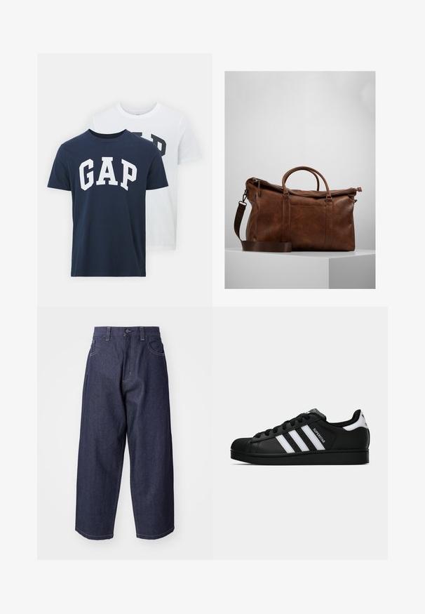 Duas t-shirts da GAP; uma azul marinho com o logótipo "GAP" em branco, a outra branca com o logótipo "GAP" em verde escuro. Feitas de algodão, design de gola redonda.; Jeans de denim azul-escuro com um design largo e solto. As características incluem um fecho de botão, bolsos frontais e costuras visíveis em destaque.; Sapatilha Adidas Superstar preta com riscas brancas, biqueira em concha e texto "Superstar" na lateral, apresentada em perfil lateral sobre fundo branco.; Mala de viagem de couro castanho com fecho de zip, pegas duplas, alça de ombro ajustável e padrões de textura visíveis na superfície.