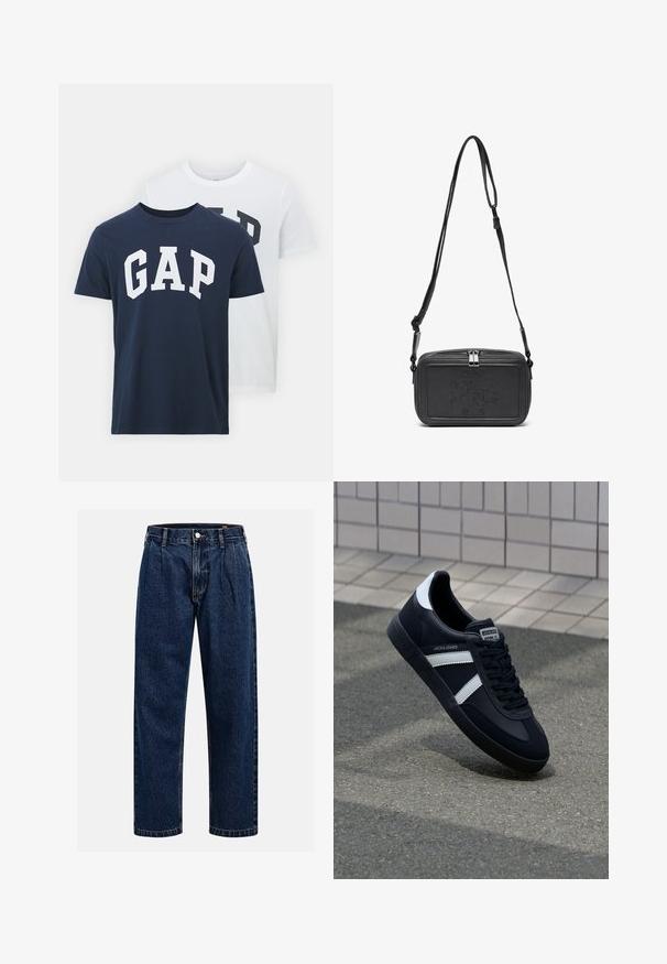 Kaksi GAP:in t-paitaa; yksi tummansininen, jossa on valkoinen "GAP"-logo, ja toinen valkoinen, jossa on tummanvihreä "GAP"-logo. Valmistettu puuvillasta, pyöreä kaula-aukko.; Tummansininen farkkushortsit suoralla lahkeella. Ominaisuuksiin kuuluvat näkyvät saumat, napitus ja etulaskokset lisäyksinä.; Mustat nahkakengät valkoisilla raidoilla, teksturoitu kumipohja ja nauha edessä. Varustettu merkkitarralla kielen päällä.; Musta nahkainen olkalaukku vetoketjulla, etuosassa kohoamalla painettu logo ja säädettävä hihna. Sujuva pinta ja suorakulmainen muoto.