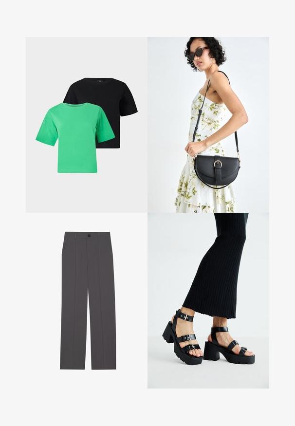 Duas camisetas de manga curta em algodão verde e preto. Cada uma tem um decote redondo e um corte relaxado, sem padrões ou detalhes.; Calças cinzas com um design de perna reta, apresentando dois bolsos laterais e um fecho de botão. Tecido suave sem padrões ou detalhes visíveis.; Sandálias de plataforma pretas com solas robustas e com garras, várias correias, apresentando fivelas de metal e uma textura suave semelhante a couro.; Bolsa de couro preta com forma curva, alça destacável e detalhes em dourado. A bolsa possui uma aba com detalhe de fivela.