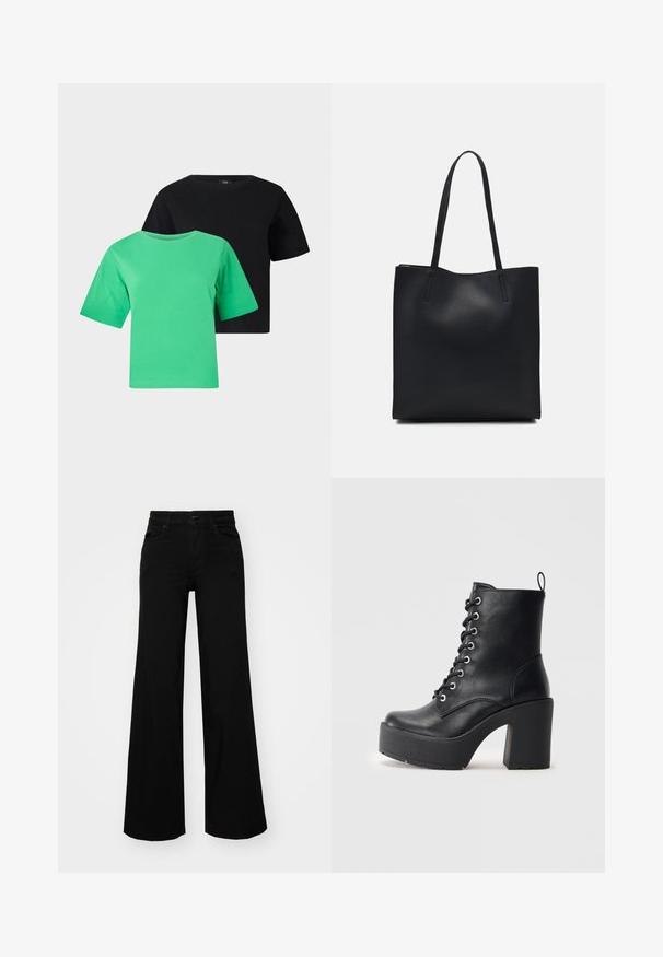 Two short-sleeve T-shirts in green and black cotton. Each has a round neckline and a relaxed fit, featuring no patterns or accents.; Black wide-leg pants made of denim, featuring a structured waistband, belt loops, and front pockets. Smooth texture with a classic design.; Black leather ankle boot with a chunky block heel, lace-up front, and textured surface. Features a tab on the back for easy wear.; Black leather tote bag with smooth texture, rectangular shape, and two long handles. No visible hardware or embellishments.