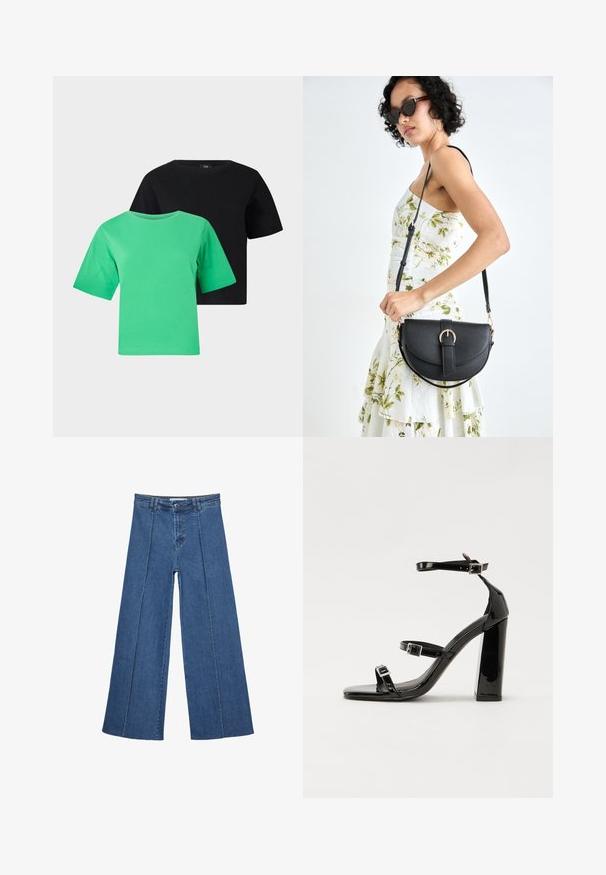 Dvoje tričiek s krátkym rukávom v zelenej a čiernej farbe vyrobených z bavlny. Každé má okrúhly výstrih a voľný strih, bez vzorov alebo dekorácií.; Rovné džínsy s širokými nohavicami v strednom modrom odtieni, so zvýšeným pásom, zapínaním na gombík a kontrastnými vertikálnymi švami pozdĺž prednej strany.; Čierne lakované sandále na podpätku so štvorcovou špičkou, navlečenými remienkami okolo členku a striebornými prackami. Disponujú masívnym blokovým podpätkom pre stabilitu.; Čierna kožená kabelka s zaobleným tvarom, odnímateľným popruhom a zlatými doplnkami. Kabelka má klopu s detailom s prackou.