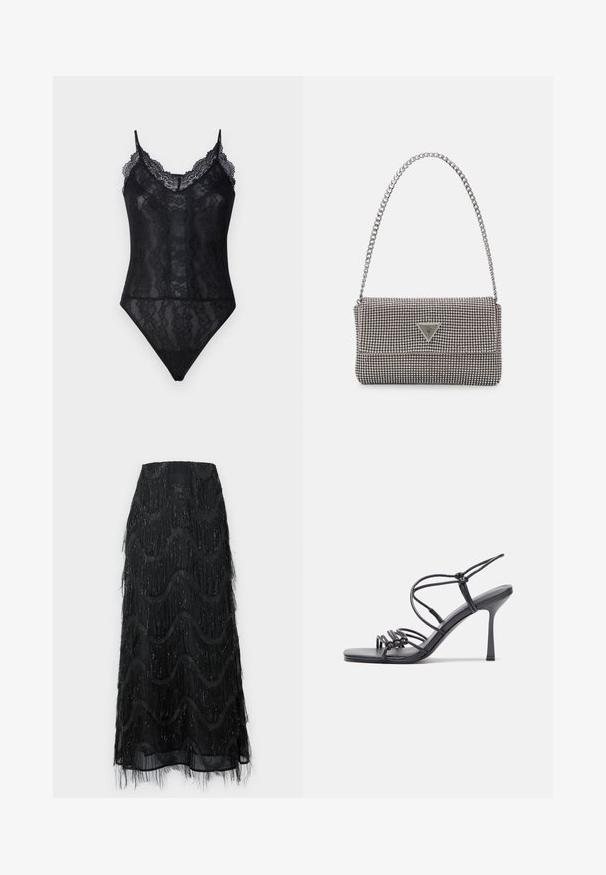 AllSaints MONICA BODYSUIT - Top - black; Gonna midi nera con frange a strati e motivi a onda. Realizzata in materiale trasparente con accenti scintillanti lungo i bordi.; Sandali neri con tacco alto presentano sottili cinturini con design annodato, una punta quadrata liscia e un elegante tacco a spillo.; Borsa a mano metallica grigia chiara con tracolla a catena, impreziosita da piccoli chiodi metallici circolari e da un logo triangolare del marchio.; Orecchini in metallo argentato con forma a goccia liscia e finitura lucida. Incisioni sottili aggiungono dettagli. Design minimalista.