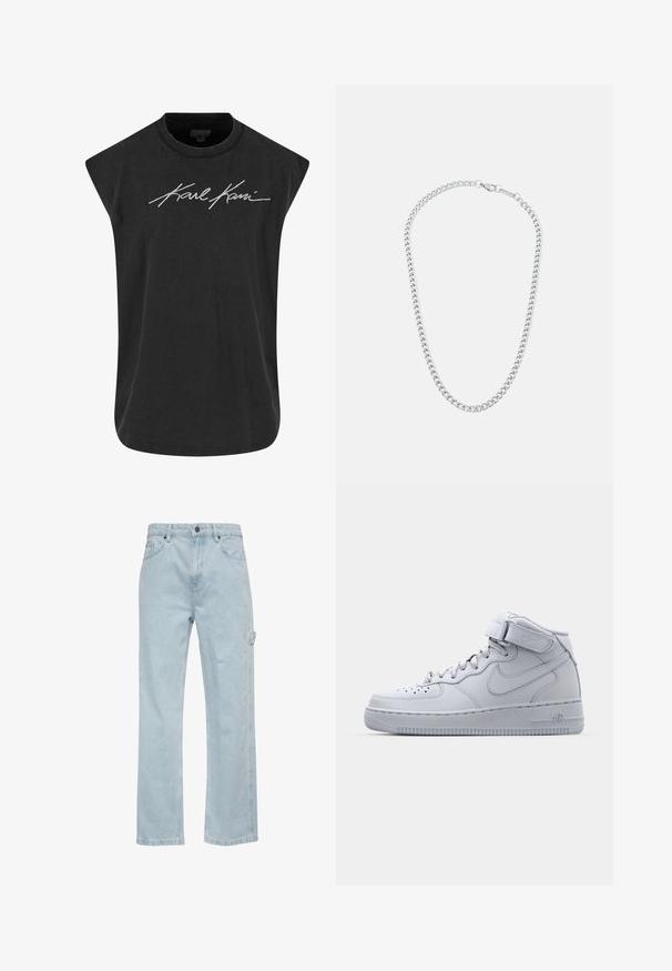 Karl Kani AUTOGRAPH WASHED SLEEVELESS - Top - black; Svetlomodré denimové džínsy so strihom rovného nohavice, s prednými a zadnými vreckami a bočným cargo vreckom. Hladký povrch, neformálny štýl.; Vysoké šedé tenisky Nike Air Force 1 s koženým zvrškom, polstrovaným golierom a suchým zipsom. Ikonický dizajn má perforovanú špičku.; Strieborný kovový náhrdelník z retiazky s prepojenými článkami a bezpečnou sponou, hladký povrch, rovnomerný finiš a klasický dizajn.