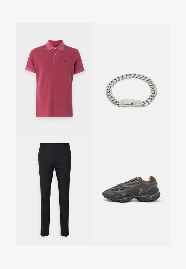 Lühikeste käistega burgundi värvi puuvillane polo särk. Omab klassikalist kraed, kahte nuppu ja väikest tikandiga logo rinnal.; Mustmustritsed mustad püksid sirge istumisega, valmistatud siledast kangast. Varustatud vööloopide ja voldiga esiosal.; Tumed hallid Lacoste tossud, mis on valmistatud võrkkangast ja sünteetilisest materjalist, omavad tekstureeritud talla ning pruune aktsente kaeluse ja brändingu juures.; Calvin Klein ELECTRIC - Käevõru - silver-coloured