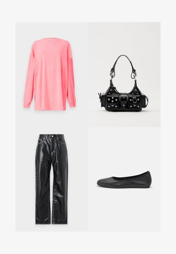 Camisa de mangas compridas rosa, feita de um tecido suave, apresentando um padrão texturizado com o nome da marca "SKIGLITZ" subtilmente estampado ao longo da peça.; Calças de imitação de pele pretas com corte de perna larga, apresentando costura branca, bolsos frontais e um botão dourado na cintura.; Bailarina preta em pele com bico arredondado, textura suave, detalhe de costura minimalista e design de sola flexível.; Bolsa de couro preta com um design curvado, apresentando tachas prateadas, uma fivela e dois bolsos laterais. Alça ajustável para opções de transporte.