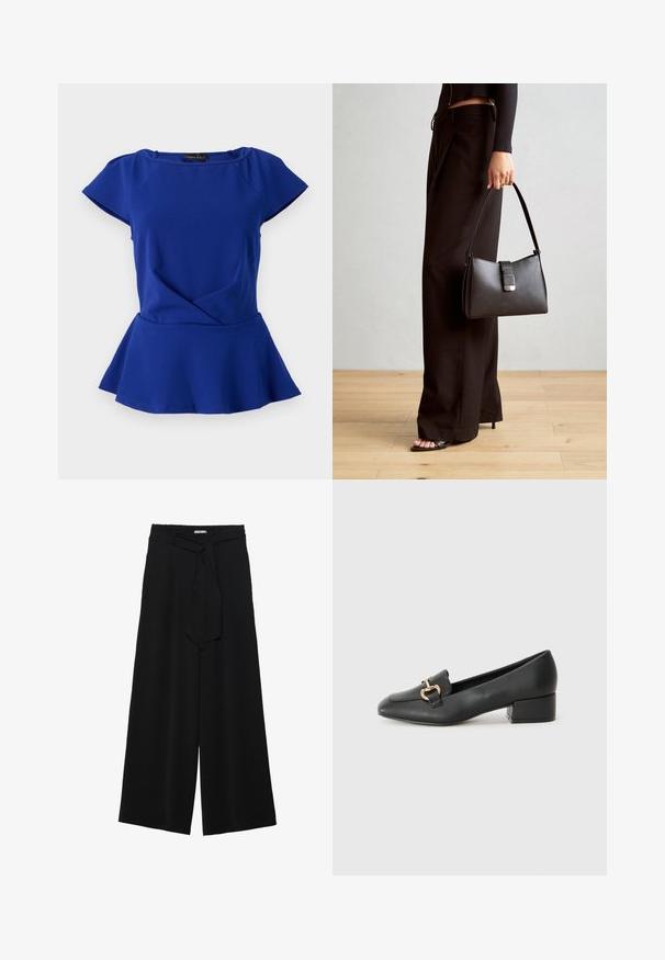 Anna Field Topp - dark blue; Mustad laiad püksid, millel on tekstureeritud kangas, elastne vöökoht ja eemaldatav pael vööst, et reguleerida sobivust.; Mustad nahast loafers madala kontsaga, millel on esiküljel dekoratiivne kuldne detalj ja sile tekstuur.; Must musta kott, millel on struktureeritud kuju, sile tekstuur ja metallist klamber. Kombineeritud laiate mustade pükstega ja avatud varvaste sandaalidega puidust põrandal.