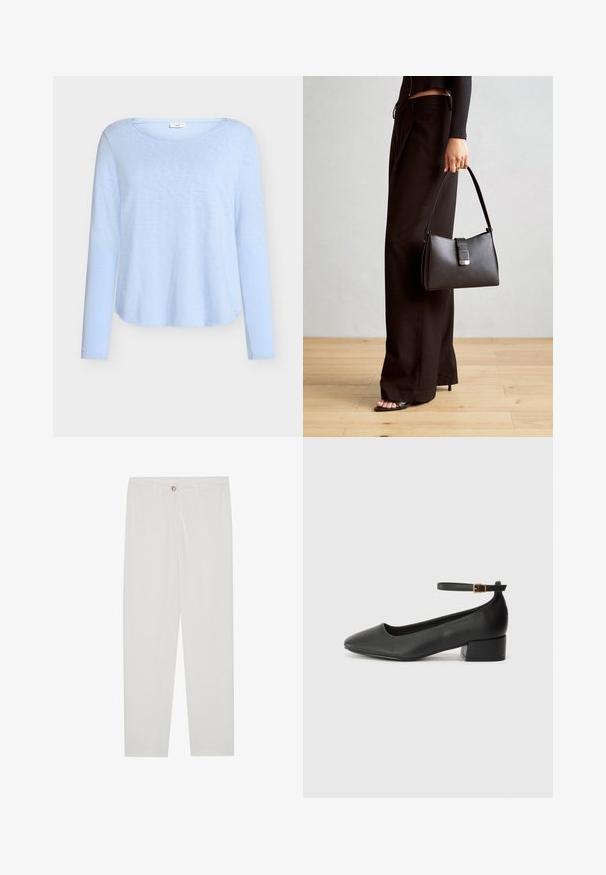Svijetloplavi top s dugim rukavima i okruglim izrezom, izrađen od mekog, laganog tkanina; ima opušteni kroj i zaobljeni donji rub.; Bijele, krojene hlače ravnog kroja, s kopčanjem na dugme, petljama za remen i bočnim džepovima; glatka tekstura tkanine.; Crne kožne pumpe s oštrim vrhom i niskom blok petom. Sadrže remen oko gležnja s zlatnim kopčanjem. Glatka tekstura.; Crna torba s oblikom koji sadrži strukturu, glađu teksturu i metalnu kopču. Uparena s širokim crnim hlačama i sandalama na otvorenom s drvenog poda.