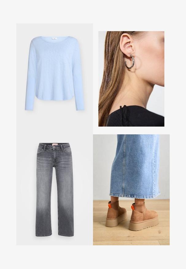Top azul claro de manga comprida com decote redondo, feito de tecido macio e leve; apresenta um corte descontraído e bainha curva.; Jeans de ganga cinza com um design de perna reta, estilo de cinco bolsos, desbotamento subtil e fecho de botão na cintura.; Botas plataforma em camurça castanha com painéis laterais elásticos e puxadores laranja, combinadas com uma saia de ganga clara até ao joelho, em um chão de madeira.; Brinco de argola prateada com acabamento polido, apresentando pequenos detalhes em dourado e uma forma redonda, usado na orelha.