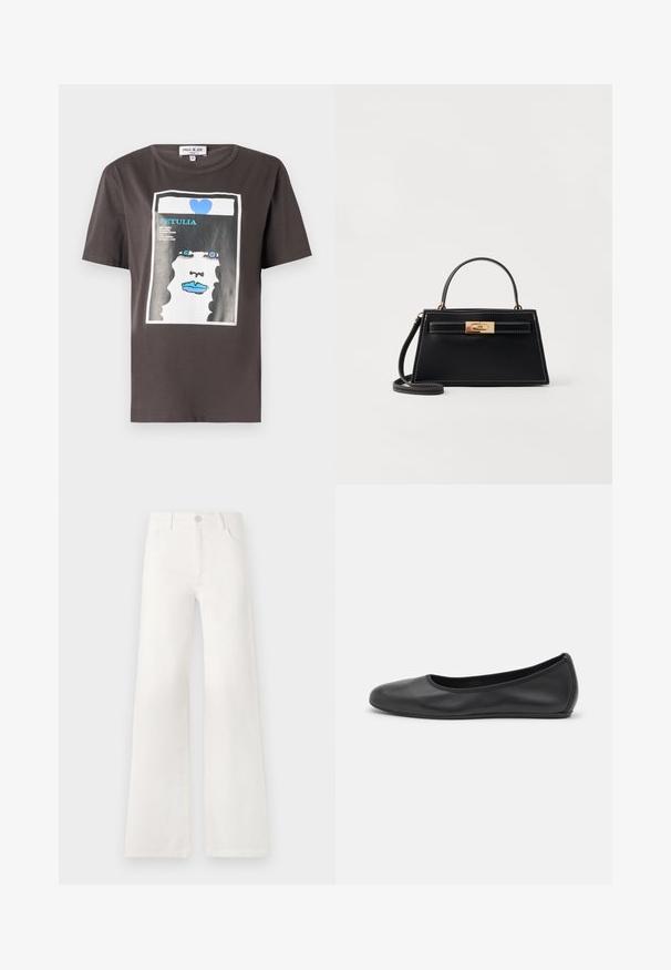 Graphic T-shirt in donkergrijs katoen met een kleurrijke print van een vrouwen gezicht met blauwe lippen en een blauw hart, ronde halslijn en korte mouwen.; Witte blouse met lange mouwen en een puntige kraag, met een knoopsluiting aan de voorkant en een getailleerd ontwerp. Gladde katoenstof met subtiele stikdetails.; Witte, hoogwaist, wijde jeans van denim. Heeft een knoopsluiting, twee voorkruiszakken en zijnaadstiksel details.; Zwarte leren ballerina met een ronde neus, gladde textuur, minimale stikdetails en een flexibele zoolontwerp.; Zwarte leren handtas met een gestructureerde trapeziumvorm, gouden slot en contrasterende witte stiksels. Inclusief een korte handgreep en een lange schouderriem.