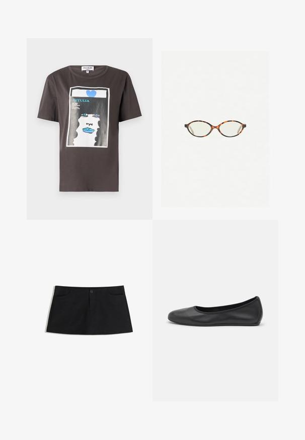 Sötét szürke pamut grafikus póló, színes nyomatú női arccal, kék ajkakkal és kék szívvel, kerek nyakkivágással és rövid ujjakkal.; Fekete, térd fölé érő szoknya puha anyagból. Két elülső zsebe és egy gombos záródása van a deréknál.; Fekete bőr balettcipő lekerekített orral, sima tekstúrával, minimális varrással és rugalmas talp kialakítással.; Tortábar színű szemüveg ovális lencsékkel és sima, elegáns felülettel. Vékony szárakkal rendelkezik, amelyeken finom ív található a halántéknál. Átlátszó lencsék.