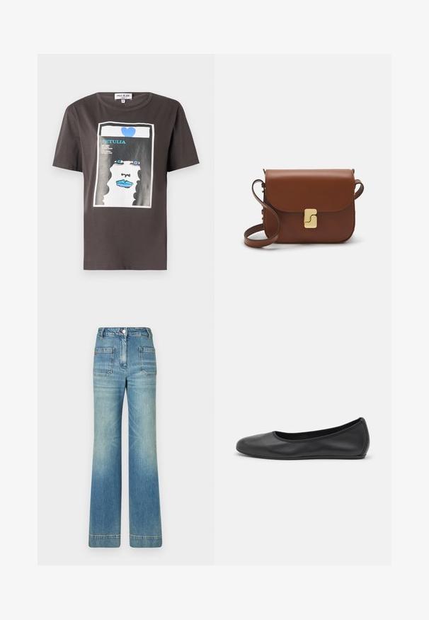 T-paita tummanharmaasta puuvillasta, jossa on värikäs tuloste naisen kasvoista sinisillä huulilla ja sinisellä sydämellä, pyöreä kaula-aukko ja lyhyet hihat.; Vaaleansiniset farkut leveällä lahkeella, joissa on viisi taskua, vyölenkit, nappisulku ja hieman haalistunut pinta, sekä punainen logotyyppitys takana.; Musta nahkainen ballerina, jossa on pyöristetty kärki, sileä pinta, minimaalinen ommelkoristelu ja joustava pohjamuotoilu.; Ruskea nahkainen käsilaukku, jossa on läppäkiinnitys, kultasävyiset yksityiskohdat, olkahihna ja sileä pinta. Kompaktin suorakaiteen muotoinen.