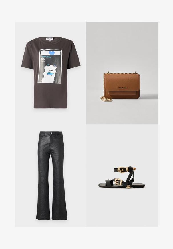 Grafisk t-shirt i mørkegrå bomuld med et farverigt print af en kvindes ansigt med blå læber og et blåt hjerte, rund halsudskæring og korte ærmer.; Sorte læder flared bukser med en krøllet tekstur, høj talje, forlommer og en klassisk knaplukning med lynlås.; Sorte lædersandaler med guldspænde detaljer, der har flere stropper og et fladt såldesign til åbne tåer.; Brun tekstureret læder crossover-taske med guldkæde-rem og klaplukning. Forsiden har logo-detalje og en lomme under klappen.