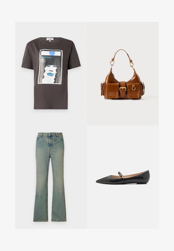 Sötét szürke pamut grafikus póló, színes nyomatú női arccal, kék ajkakkal és kék szívvel, kerek nyakkivágással és rövid ujjakkal.; Világoskék farmer széles szárú nadrág magas derékkal, öt zsebbel és cipzáras záródással. Tiszta, fakó megjelenés, finom varrási részletekkel.; Fekete bőr balettlapok hegyes orral és oldalsó pánttal, amelyen egy kör alakú arany dísz található. Könnyű, lapos talpú.; Barna bőrtáska ívelt formával, dupla aranyszínű fémhardverrel, két elülső zsebbel és széles pánttal. Simán textúra elegáns kivitelben.