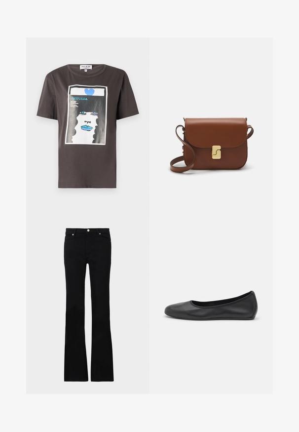 Graphic t-shirt in dark gray cotton featuring a colorful print of a woman’s face with blue lips and a blue heart, round neckline, and short sleeves.; Black flared jeans made of denim, featuring two front pockets, a button closure, and a smooth texture. Signature stitching visible at seams.; Black leather ballet flat with a rounded toe, smooth texture, minimal stitching detail, and a flexible sole design.; Brown leather handbag with a flap closure, gold-tone hardware, a shoulder strap, and a smooth texture. Compact rectangular shape.