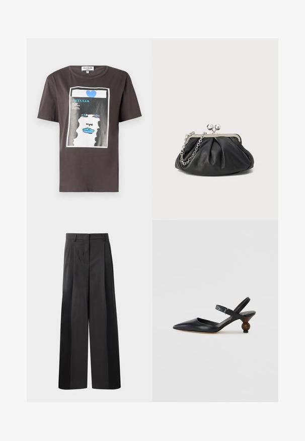 Tamsiai pilkos medvilnės marškinėliai su grafiniu piešiniu, vaizduojančiu moters veidą su mėlynomis lūpomis ir mėlynu širdimi, apvaliu kaklu ir trumpomis rankovėmis.; Juodos plačios kelnės su aukštu liemeniu, su priekinėmis raukšlėmis, glotnia tekstūra ir pritaikytu apdailos stiliumi. Sukurtos laisvam sėdėjimui.; Juodos odinės slingback tipo bateliai su smailiu nosiu, išlenktu dizainu ir apvaliu medžio imitacijos kulnu. Pabrėžia siauras kulkšnies dirželis.; Juodas odinis delninukas su susiraukusiu tekstūru, sidabrinės spalvos metalo rėmas, uždaromas užsukamu užtrauktuku bei grandinėlės dirželis. Lygus, minkštas paviršius.