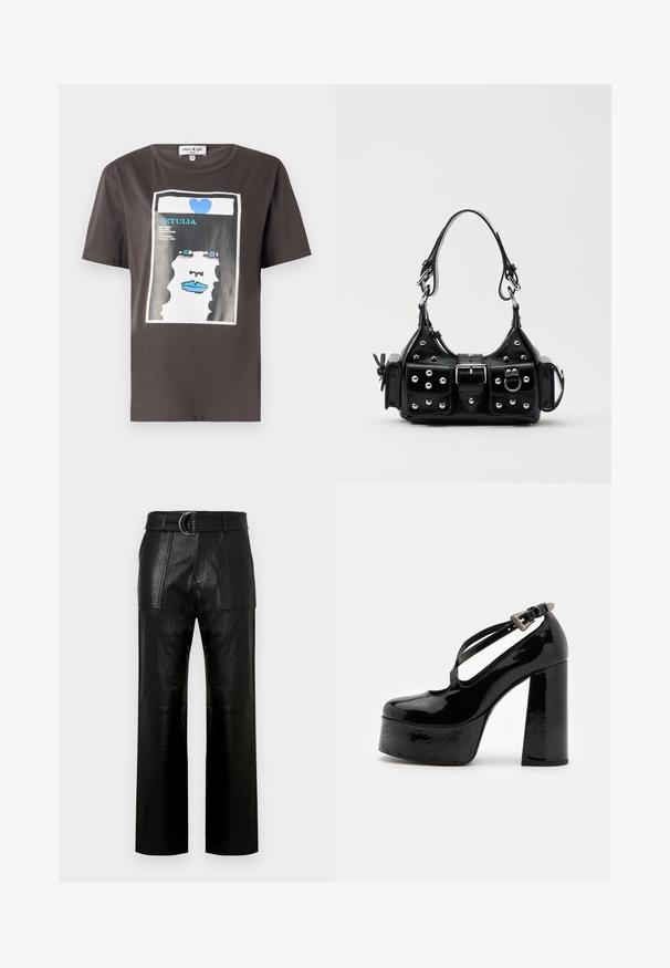 T-shirt grafica in cotone grigio scuro con una stampa colorata del volto di una donna con labbra blu e un cuore blu, colletto rotondo e maniche corte.; Pantaloni in pelle nera a vita alta con gambe ampie, grandi tasche anteriori a toppa e una cintura coordinata con fibbia a doppio anello.; The Kooples CHAUSSURES - Decolleté - black; Borsa a mano in pelle nera con design curvo, caratterizzata da borchie argentate, una fibbia e due tasche laterali. Tracolla regolabile per diverse opzioni di trasporto.