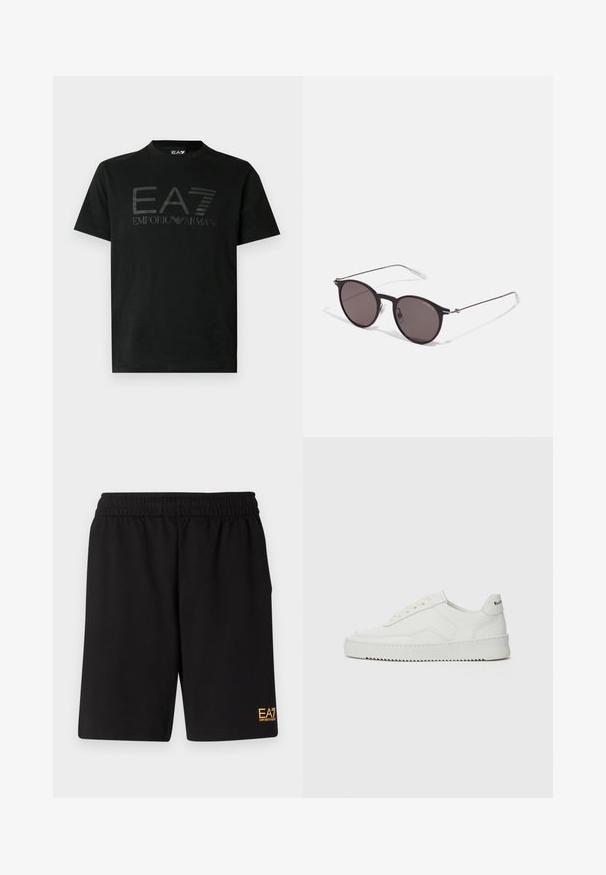 Camiseta negra de manga corta, fabricada en algodón, con los logos en relieve de EA7 y Emporio Armani en el frente, cuello redondo y ajuste estándar.; Pantalones cortos deportivos negros de tejido suave, con una cintura elástica y un pequeño logo amarillo de EA7 en la parte inferior de la pierna izquierda.; Zapatilla de cuero blanca con un acabado suave, puntera redonda, cordones planos y suela texturizada. Cuenta con un sutil logo en el talón.; Gafas de sol redondas negras con lentes oscuros y brazos metálicos delgados. Incluye puntas de varilla transparentes y acentos plateados en la bisagra. Diseño minimalista.