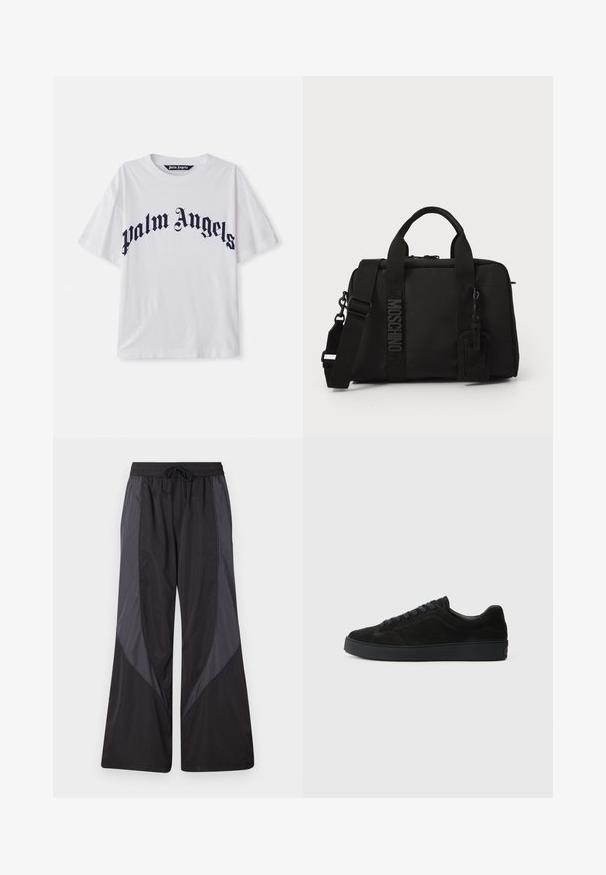 Biela bavlnená tričko s odvážnym námorníckym textom "Palm Angels" v zakrivenom dizajne. Krátke rukávy a strih s okrúhlym výstrihom. Hladká textúra.; Han Kjøbenhavn PANELLED TRACK TROUSERS - Tepláky - anthracite black; Čierne semišové tenisky s plochou, textúrovanou podrážkou, zaoblenou špičkou, šiestimi očkami na šnúrky a minimalistickým dizajnom.; Čierna textilná taška s dvojitými uchami a odnímateľným ramenným popruhom. Obsahuje vstavané logo a koženú visačku. Hladká textúra, obdĺžnikový tvar.