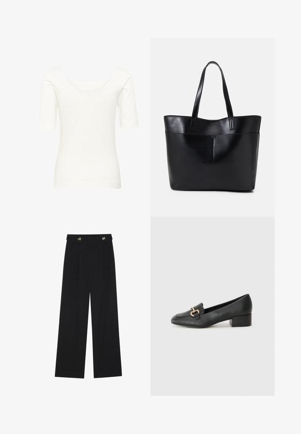 Bjela kratka majica s kratkim rukavima izrađena od mekog i rastezljivog materijala s širokim okruglim izrezom i uskim siluetom, s glatkom teksturom.; Crne hlače širokih nogavica s visokim strukom, s dugmadi na pojasu i prednjim nabora.; Crne kožne mokasine s ravnim potplatom, s dekorativnim zlatnim detaljem sprijeda i glatkom teksturom.; Crna kožna torba s dugim ručkama, glatkom teksturom i strukturiranim oblikom. Ima prednju džep za dodatno pohranu.