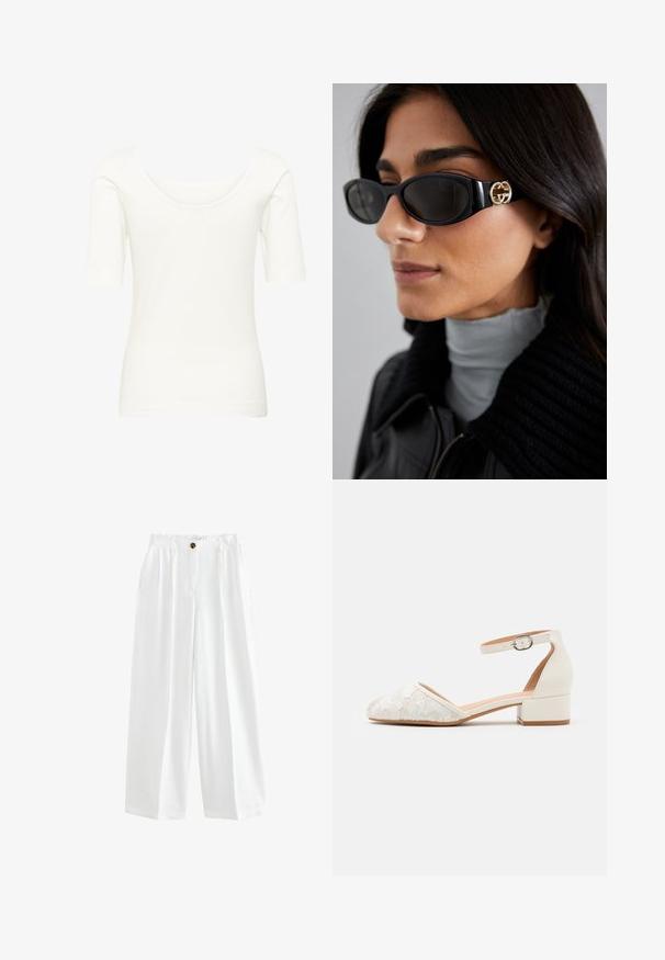 Top corto bianco con maniche corte realizzato in tessuto morbido e elastico, con scollatura ampia a barchetta e silhouette aderente, caratterizzato da una superficie liscia.; Pantaloni bianchi a gamba larga realizzati in tessuto leggero. Presentano una chiusura con bottone, due tasche laterali e una vestibilità comoda.; Scarpa bianca con cinturino alla caviglia in pizzo, con tacco basso e spesso e design a punta. Fodera interna liscia, parte superiore in pizzo texturizzato e dettaglio della fibbia.; Occhiali da sole neri con una montatura rettangolare elegante e un accento del logo dorato sul lato. Le lenti scure e la finitura lucida sono evidenti.