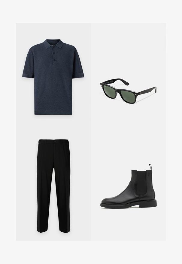 Polo de manga curta azul marinho, feito de tecido texturizado, com colarinho tradicional e tapeta de botão de três.; Calças pretas feitas de tecido liso, com um corte reto, dois bolsos frontais e fecho de zipper com botão.; Bota de tornozelo em pele preta com textura lisa, painéis laterais elásticos e uma alça de puxar. Bico redondo e sola de borracha plana com risco mínimo.; Óculos de sol de plástico preto com lentes verdes, armações quadradas, detalhe prateado na sobrancelha e hastes texturizadas. Marca indicada na parte interna da haste.