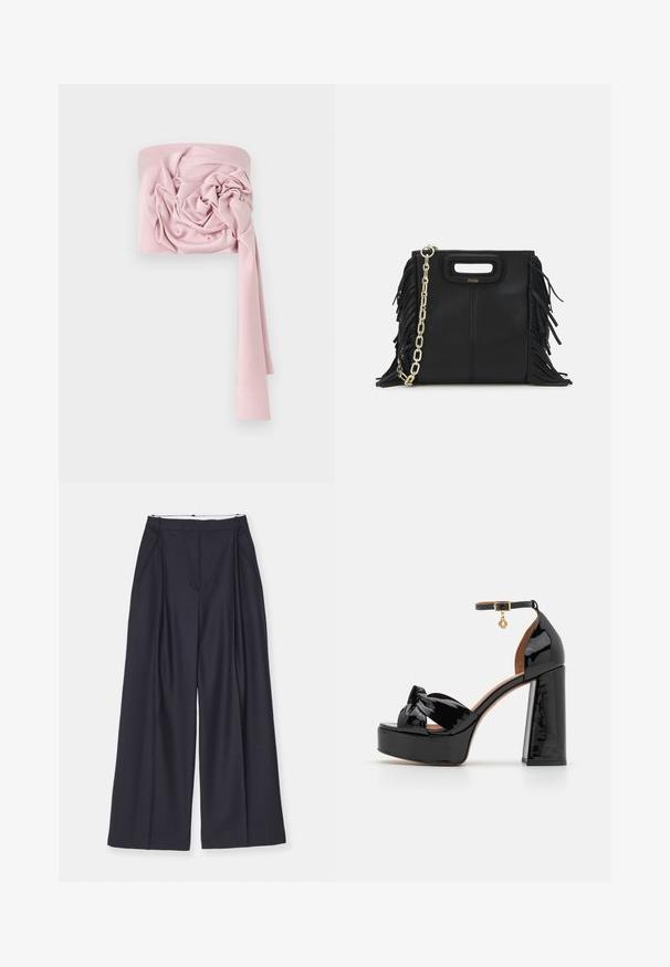Vaaleanpunainen satiinikaulaliina, jossa on teksturoitu, solmittu muotoilu. Siinä on pitkä, virtaava pää ja sileä pinta, mikä antaa sille elegantin ilmeen.; Victoria Beckham WIDE LEG TROUSER - Housut - midnight; Maje Korolliset sandaalit - noir; Musta nahkakäekott, millel on frantsiisidetailid, kuldne õlgade rihm ja lõikega käepide. Ees on logo paigutus.