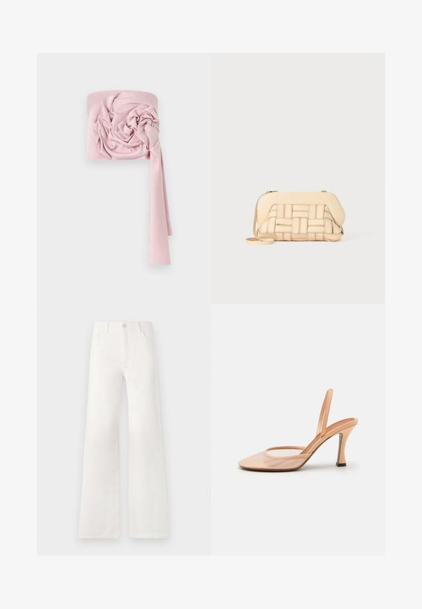 Rožinė satino skara su tekstūruotu, mazginio rašto dizainu. Ji turi ilgą, plačią galą ir lygią apdailą, suteikiančią elegantišką išvaizdą.; Balsviesti, aukštu liemeniu plačiakelnės džinsinės kelnės. Jos turi mygtukų užsegimą, dvi priekinės kišenes ir siūlams su siuvinėtojais.; Nu nude tinklinė basutė su smailiu pirštu, plona kulkšnies juostele ir stileto kulnu, papildyta juodu akcentu prie pagrindo.; Austintais bežinis rankinukas su struktūrizuotu dizainu, turintis lygią viršutinę dalį ir ilgas diržas. Tekstūruoti elementai pagerina bendrą išvaizdą.