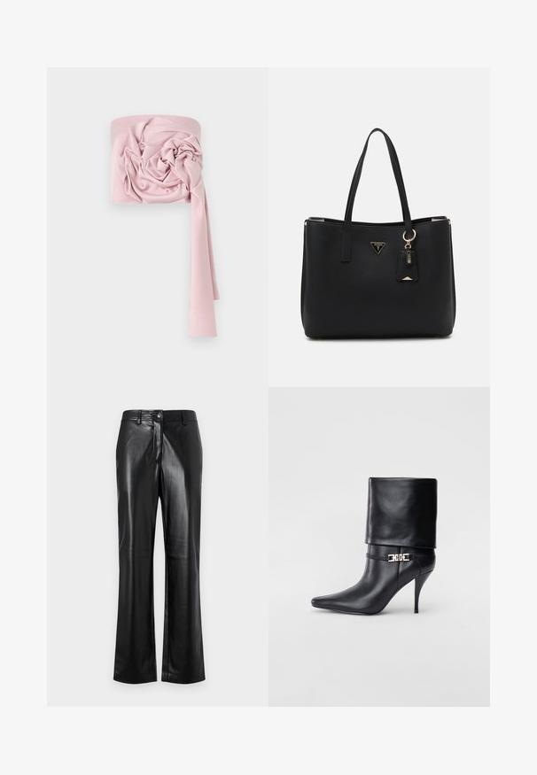 Sciarpa in satin rosa con un design tessuto e annodato. Presenta un'estremità lunga e fluente e una finitura liscia, conferendo un aspetto elegante.; Pantaloni in pelle nera con design a gamba dritta, dotati di chiusura frontale con bottone, passanti per cintura e una texture liscia e lucida.; Stivale ankle in pelle nera con punta affusolata, alto tacco a stiletto, risvolto sulla caviglia e un elegante dettaglio in oro con fibbia decorativa.; Borsa tote nera realizzata in materiale sintetico testurizzato, dotata di due manici, una placca con logo dorato e un piccolo cartellino con un dettaglio di accentuazione.
