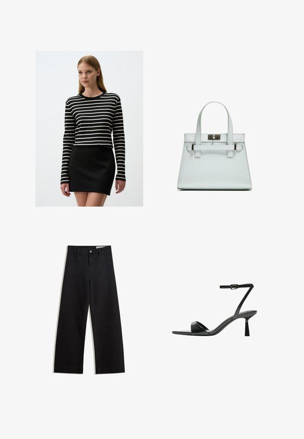 Zwart-wit gestreepte langemouwen top, ronde halslijn, gecombineerd met een aansluitende zwarte minirok. De stof is soepel met een lichte stretch.; Zwarte denim broek met wijde pijpen en een hoge taille, voorzien van voor- en achterzakken, gestikte naden en een knoopsluiting. Gladde textuur.; Bershka Sandalen met hoge hak - black; Lichtblauwe handtas met gestructureerd ontwerp, twee handvatten en een zilverkleurige slot. Getextureerd materiaal en scherpe hoeken.