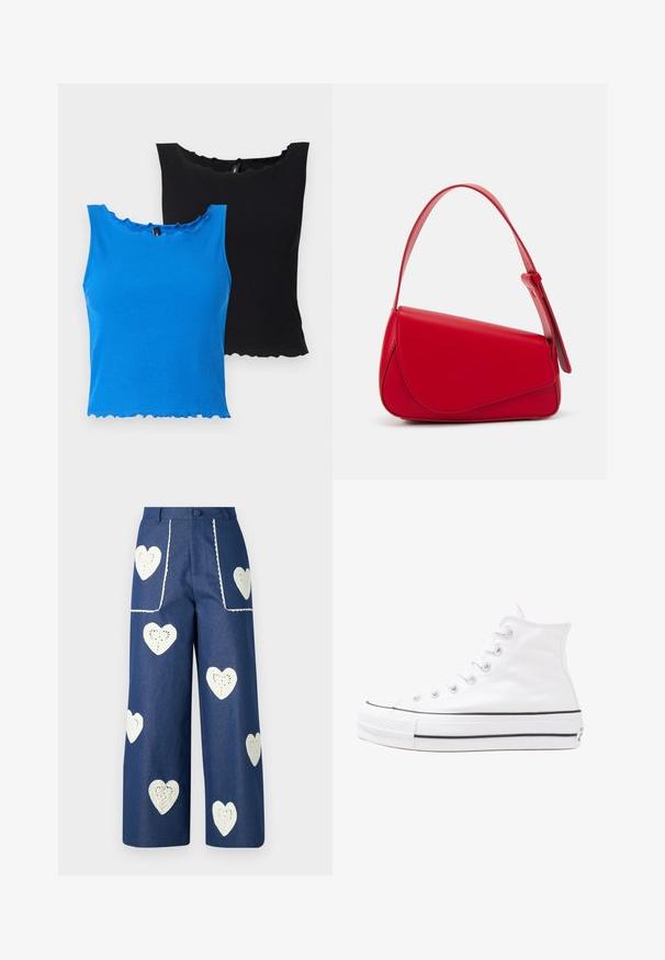 Ribuirane majice bez rukava u plavoj i crnoj boji, sa valovitim izrezom i rubom. Mekani materijal, bez rukava i blago prilagođeni kroj.; Cvjetna bluza s dugim napuhanim rukavima, svijetlo krem osnova, s ljubičastim, narančastim i zelenim cvjetnim uzorcima, te klasičnim dizajnom ovratnika.; Sister Jane HEART TO HEART - Traperice ravnih nogavica - blue denim; Bijela visoka platnena tenisica s crnom gumenom potplatom, prednjim gumenim zaštitnikom prstiju i šest rupa za vezanje, s čistim, minimalističkim dizajnom.; Crvena kožna torba s kutnim, geometrijskim dizajnom. Ima jedan podesivi remen i preklopni zatvarač sa šivenim detaljima.