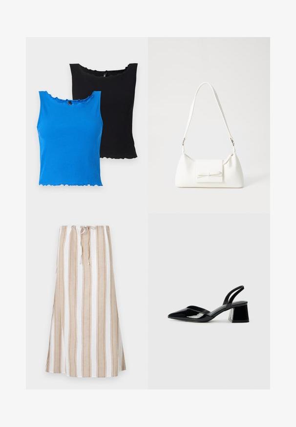 Mėlynos ir juodos ribotos rankovės marškinėliai su banginiu apykakle ir kraštu. Minkšta medžiaga, be rankovių dizainas ir šiek tiek prigludusi forma.; Dryžuota sijonas balta ir šviesiai ruda, su raukšlėja juosmeniu ir ilga, laisvai krentanti forma. Pagaminta iš lengvos medžiagos, su laisvu iškirpimu.; Juodos lakuotos odinės šlepetės su smailiu pirštu ir geometriniu bloko kulnu. Turi elegantišką, minimalistinį dizainą ir lygų paviršių.; Balta sintetinė rankinė trikampio formos, plokščiu priekiu su užsegimu, kaspino detale, reguliuojama dirželiu, lygia tekstūra ir minimalistišku dizainu.