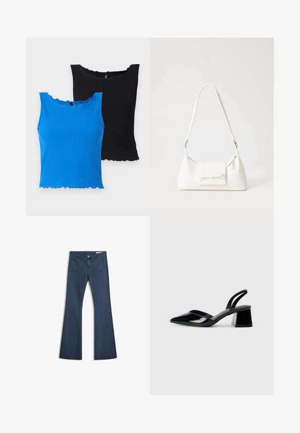 Geribde hemdjes in blauw en zwart, met een gekartelde halslijn en zoom. Zachte stof, mouwloos ontwerp en een licht getailleerde pasvorm.; Donkerblauwe flare jeans van denim met gestikte zakken, een knoopsluiting en een soepele textuur. Beschikt over een klassieke vijfzakkenontwerp.; Zwarte gepatineerde leren slingback hakken met een spitse neus en een geometrische blokhak. Kenmerkt zich door een slank, minimalistisch ontwerp en een gladde textuur.; Witte synthetische handtas met een driehoekige vorm, platte voorklep en strikdetail, verstelbare schouderriem, gladde textuur en minimalistisch ontwerp.