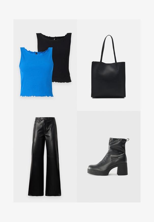 Kék és fekete bordázott ujjatlan felsők, fodros dekoltázzsal és szegéllyel. Puha anyag, ujjatlan dizájn, és enyhén testhezálló kialakítás.; Fekete, magas derekú, széles lábú, műbőr nadrág elülső gombbal, cipzárral, övbújtatókkal és oldalsó zsebekkel, fehér háttérrel.; Fekete bokacsizmák sima bőrből, oldalsó cipzárral, vastag, texturált sarkú és lekerekített orrú dizájnnal.; Fekete bőrtáska sima felszínnel, téglalap alakú, két hosszú füllel. Nincs látható fémkiegészítő vagy díszítés.