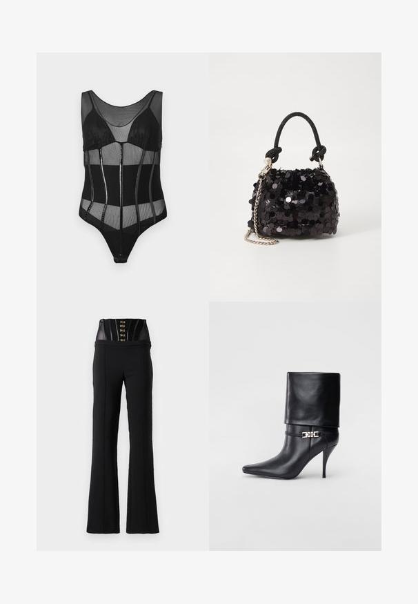 Black bodysuit featuring mesh fabric, structured cups, vertical panels with glossy accents, and a scoop neckline.; Black high-waist pants with a built-in black corset featuring hook-and-eye closures and vertical seam details.; Black leather ankle boot with a pointed toe, high stiletto heel, fold-over cuff, and a gold decorative buckle detail on the ankle.; Black sequin mini handbag with a knotted textured strap and silver chain. Rounded shape with gathered top and reflective detailing.