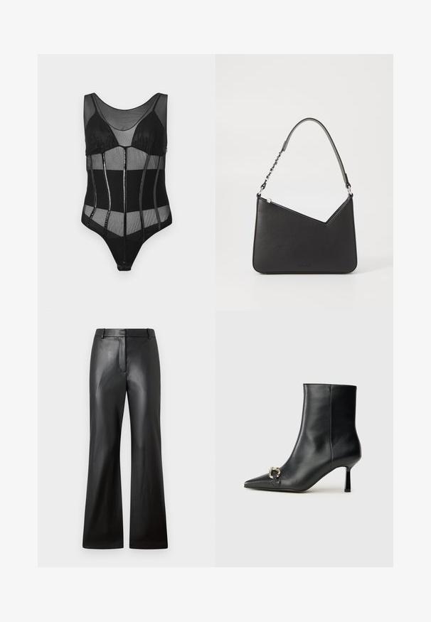 Juodas bodžis, pasižymintis tinklinėmis medžiagomis, struktūriniais puodeliais, vertikaliomis juostomis su blizgiomis detalėmis ir apvaliu iškirpimu.; Juodos odinės kelnės su lygia tekstūra, plačių kojų dizainu ir vidutinio aukščio juosmeniu, kuriame yra diržo kilpos ir priekinės kišenės.; Juodas odinis apavas iki kulkšnies su smailiu nosiu, plonu vidutinio aukščio kulnu ir sidabriniu sagties akcentu šone, prieš paprastą foną.; Juodos odos rankinė trikampio formos, su siauru dirželiu ir sidabriniais aksesuarais. Yra užtrauktuko uždarymas ir iškilmingas logotipas priekyje.