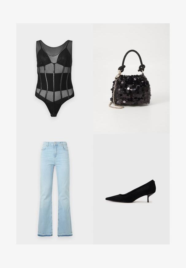 Bodysuit preto com tecido em rede, copos estruturados, painéis verticais com acabamentos brilhantes e decote arredondado.; Jeans flare azul claro feitos de denim, com uma cintura alta, bolsos frontais e uma bainha desgastada nas bainhas para um look casual.; Sapato de salto alto em camurça preta com bico afunilado e salto baixo e fino. Textura suave com um design elegante, apresentando nenhum hardware visível.; Mala mini preta de lantejoulas com uma alça texturizada em nó e corrente prateada. Forma arredondada com parte superior pregueada e detalhes reflexivos.