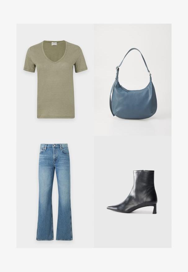 Olíva zöld, rövid ujjú V-nyakú póló, puha, könnyű anyagból készült. Egyszerű dizájn, tiszta élekkel és látható minták vagy díszítések nélkül.; Világoskék, bővülő szárú farmernadrág, magas derékkal, elülső zsebekkel és réz gombbal a deréknál.; Fekete bőr bokacsizma hegyes orral és letisztult dizájnnal. Alacsony sarka és hátsó cipzáras záródása van. Simának tűnő textúra.; Kerekded formájú, kék bőr kézitáska, egyetlen vállpánttal, cipzárral záródik, az elülső részen domborított márkanevével. Simák a textúrája.