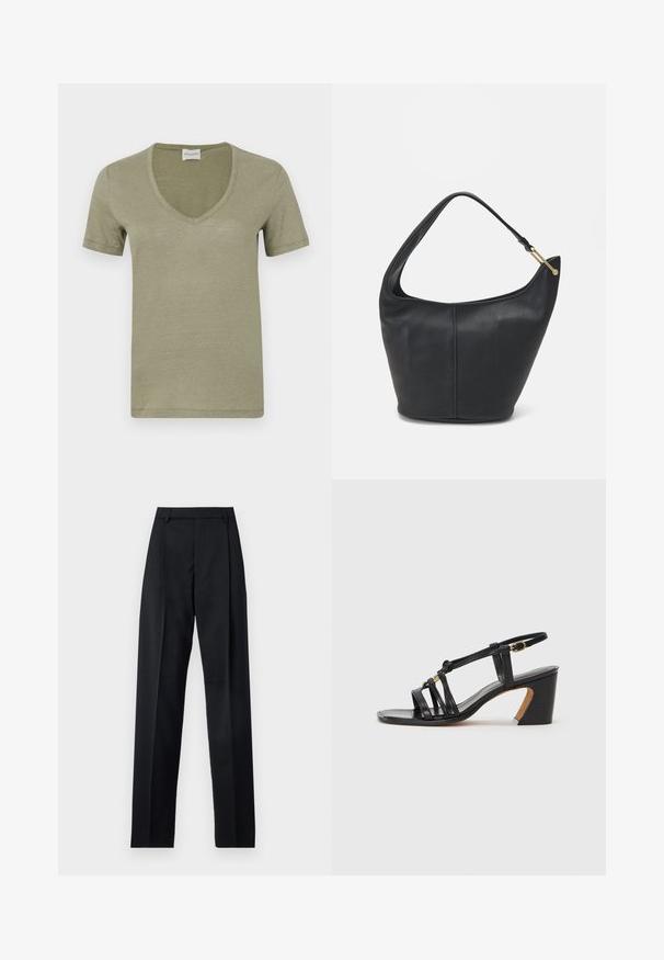 Olivově zelené tričko s krátkým rukávem a výstřihem do V vyrobené z měkké, lehké látky. Jednoduchý design s čistými okraji a bez viditelných vzorů nebo ozdob.; Černé kalhoty vyrobené z hladké tkaniny, vybavené vysokým pasem, širokými nohavicemi, předními záhyby a klasickými poutky na opasek. Nejsou viditelné boční kapsy.; Paul Smith AMIRA - Klasické lodičky - black; Černá kožená kabelka zaobleného tvaru, s širokým popruhem a texturovaným povrchem. Obsahuje jemné švy a akcenty ve zlatém tónu.