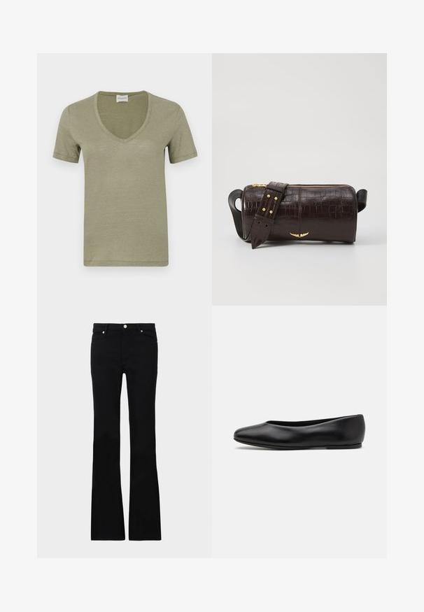Olive zelena kratek rokav V-izrez majica iz mehkega, lahkega materiala. Preprost dizajn s čistimi robovi in brez vidnih vzorcev ali okrasnih dodatkov.; Črne zvonaste kavbojke iz denima, ki imajo dve sprednji žepi, gumbasto zapiranje in gladko teksturo. Oznaka zašite vidna na šivih.; Paul Smith TOPANGA - Balerinke - black; Brah blaženka iz rjavega usnja z embosiranim krokodilom, cilindrične oblike, zlatih kovinskih elementov in odstranljivim pasom, ki vsebuje žebljičke.